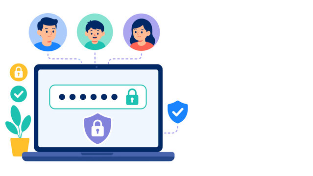 People smile calmly on a digital security screen. Laptop displays a password field with a lock icon. Security shields and checks surround the screen. Three diverse avatars watch the login process