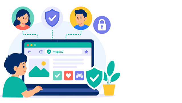 Young user explores a secure online platform. Icons hint at safety, trust, and user-friendly interaction. Shield and padlock signal protection against threats. The screen displays colorful