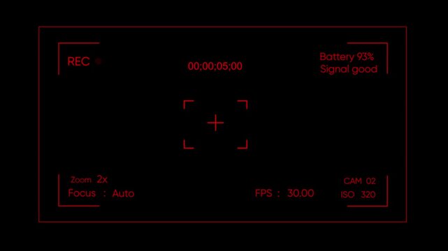 Digital camera recording overlay with red hud interface and viewfinder reticle for cinematic projects