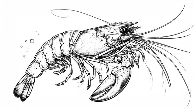 Realistic lobster sketch side view line art.