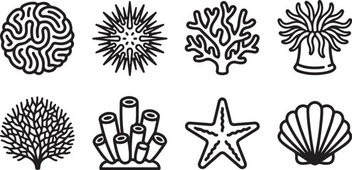Black and white coral reef sea life icons set © Torikul