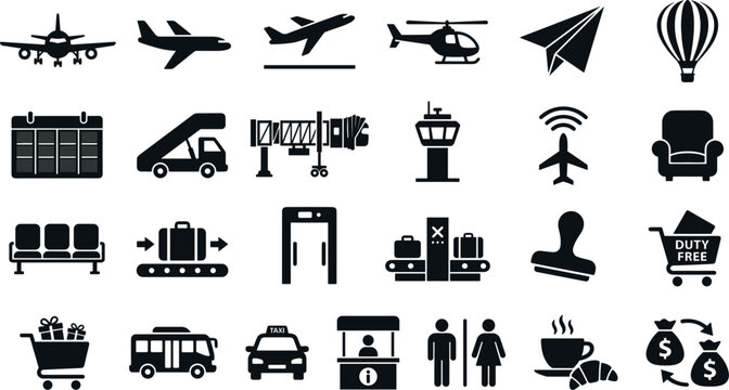 Comprehensive Airport Terminal and Aviation Silhouette Icon Set Featuring Passenger Airplanes Security Checks Baggage Claim Ground Transportation and Duty Free Shopping Elements