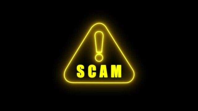 Scam alert neon icon with glowing yellow warning triangle and exclamation mark. Cybersecurity threat notification, fraud prevention symbol, and phishing hazard sign on black background. 4k loop..
