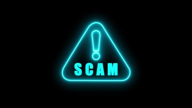 Scam alert neon icon with glowing cyan warning triangle and exclamation mark. Cybersecurity threat notification, fraud prevention symbol, and phishing hazard sign on black background. 4k loop..
