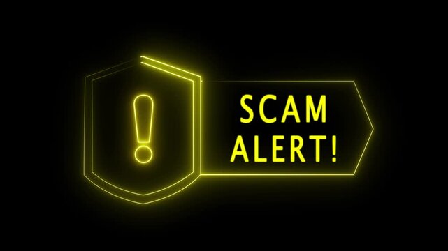 Scam alert neon icon with glowing yellow shield and exclamation mark. Cybersecurity warning banner, fraud prevention sign, and digital phishing protection label on a black background. 4k animation..