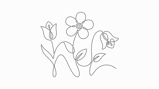 Continuous single line drawing of bouquet of wild flowers blooming with minimalist aesthetic