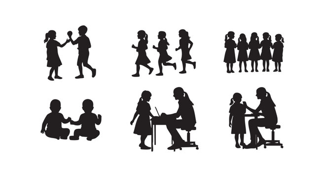 Set of black silhouettes of children and toddlers interacting in various daily activities for creative design projects.