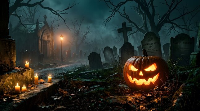 Spooky halloween cemetery scene with jack o' lantern a dark and atmospheric halloween night illustration