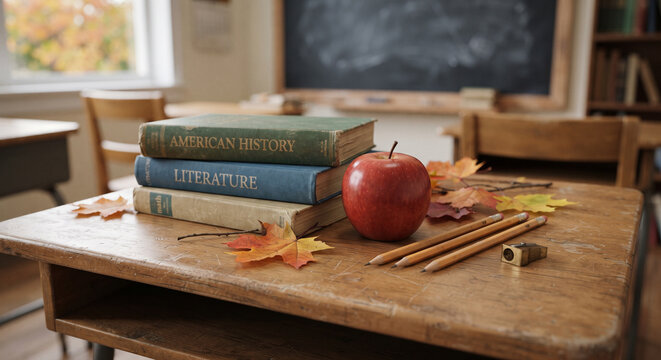 Books, red apple, pencils, compass, and autumn leaves on a wooden classroom desk with chalkboard and chairs behind in a quiet academic classroom setting