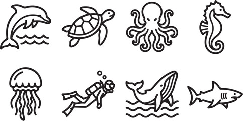 Fototapeta premium Eight underwater creatures and scuba diver icons