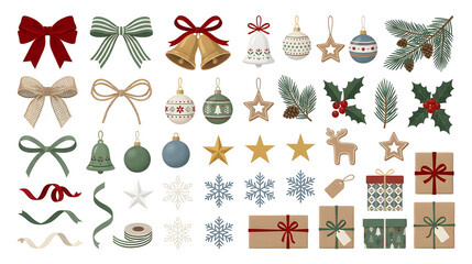 Obraz premium Set of Christmas decorative elements including bows, bells, ornaments, pine branches, holly leaves, stars, snowflakes, ribbons and gifts, isolated on white background, modern Scandinavian illustration