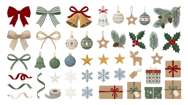 Set of Christmas decorative elements including bows, bells, ornaments, pine branches, holly leaves, stars, snowflakes, ribbons and gifts, isolated on white background, modern Scandinavian illustration