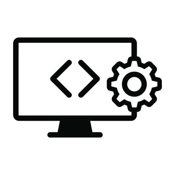Computer monitor with coding symbols and gear icon on screen interface