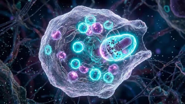 Macrophage cell actively engulfing harmful bacterium, demonstrating vital immune defense mechanism, microscopic cellular response, crucial biological protection against infection.