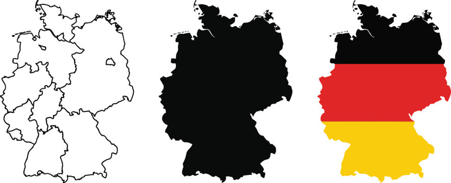 Set of germany map outline, black silhouette and national flag shape