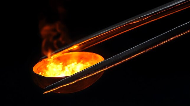 A pair of metal spatulas holds a bowl with flames and smoke rising from it in a dark environment.