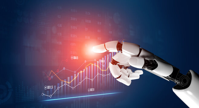 A robotic hand interacts with a digital screen displaying a stock market graph, symbolizing the fusion of technology and finance in today economy and investment world. Scalp