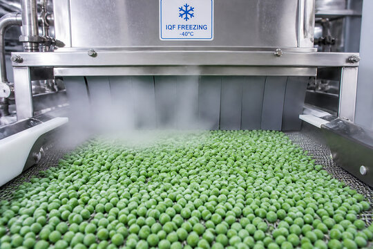 Frozen green peas are being processed or cooled in an industrial IQF freezing machine.