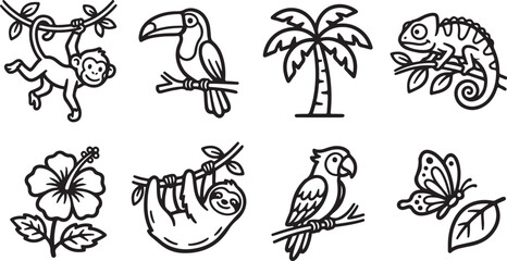 Jungle animals and plants tropical illustration set © Torikul