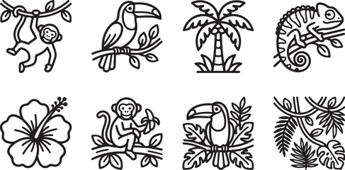 Black and white tropical animal icons set © Torikul