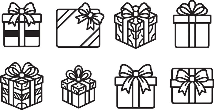 Eight stylish gift boxes with ribbons illustration