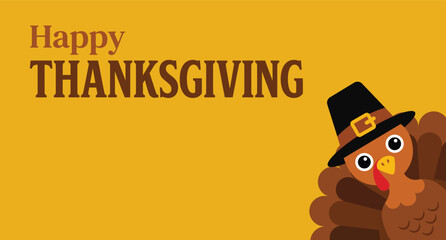 Happy Thanksgiving illustration with cartoon turkey wearing pilgrim hat © Taha