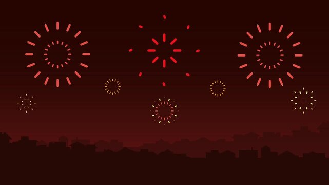 City skyline silhouette with animated fireworks looping background