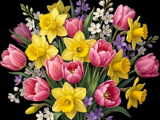 Fototapeta premium Beautiful Spring Bouquet of Pink Tulips and Yellow Daffodils on Dark Background