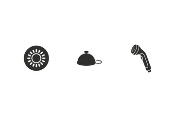 Household and bathroom fixtures including a circular drain, a food dome cover, and a handheld shower head, shown in black silhouette © Feelio