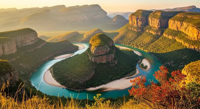 A breathtaking panoramic view captures the Blyde River Canyon and Three Rondavels at sunset.