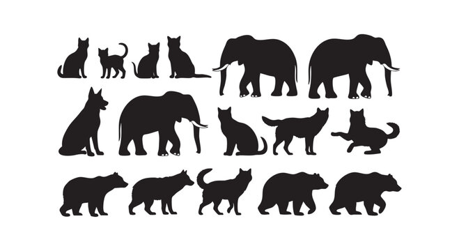 Wild animals and domestic pets silhouette collection featuring bears elephants cats and wolves isolated on white background.