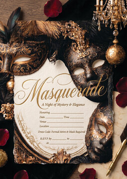Elegant Masquerade Invitation Template with Gold Venetian Masks