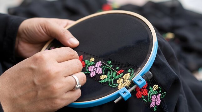 Woman's hand embroidering colorful flowers on black fabric using a hoop and needle in a traditional needlework artistic style