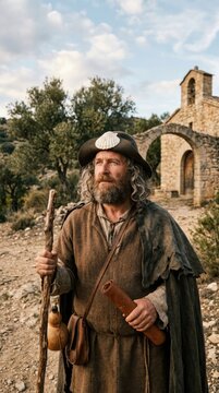 Man portraying saint James the apostle, an ancient pilgrim walking spiritual journey, holding a wooden staff, carrying weathered cloak, displaying scallop shell on hat.