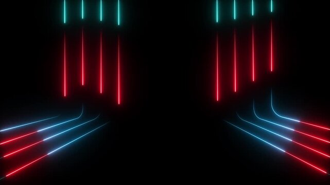Animation of animated blue neon lines on a black background.  Seamless loop animation of glowing neon line. 4k animation Horizontal glowing colorful neon line animation .