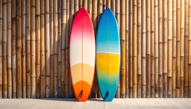 Two colorful surfboards lean against a bamboo wall bathed in warm sunlight. The boards have gradients and sit on a light-colored surface