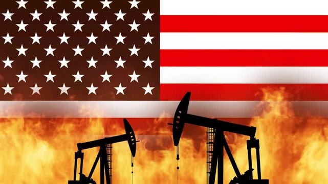 Oil derricks burning over USA flag - background loop