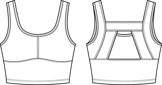 Technical Flat Sketch of Women Sports Bra Front and Back View Vector Template for Fashion Tech Pack.