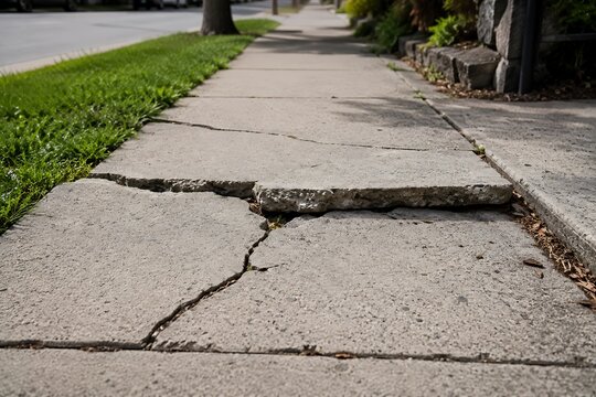 Damaged sidewalk with cracked concrete slabs