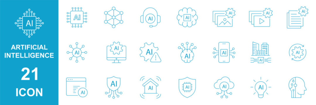 artificial intelligence line icons set, technology vector outline symbols, neural network, brain, data, machine learning elements on transparent background