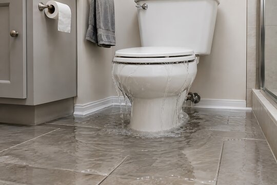 Toilet overflowing with water on bathroom floor