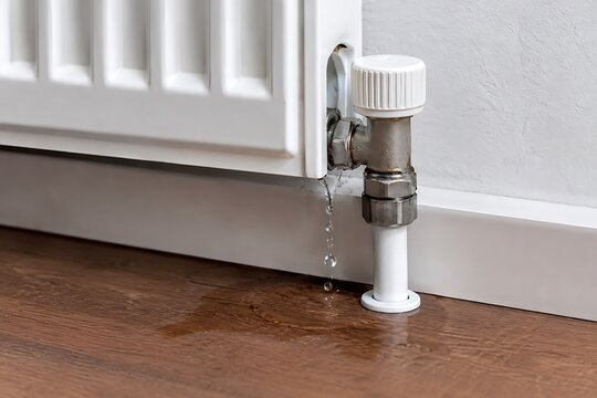 Leaking radiator pipe with water dripping on wooden floor