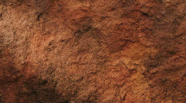 A warm earthy gradient background with terracotta, deep ochre, and damp soil tones. Intense grainy noise effect creates a gritty, sand-like organic texture. Subtle leaf vein patterns and dried mud cra