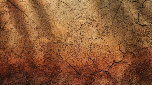 A warm earthy gradient background with terracotta, deep ochre, and damp soil tones. Intense grainy noise effect creates a gritty, sand-like organic texture. Subtle leaf vein patterns and dried mud cra