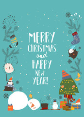 Fototapeta premium Cute Cartoon Frame With Snowman, Animals and Christmas Elements