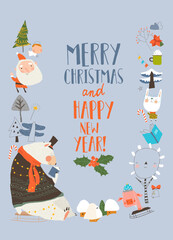 Fototapeta premium Cute Cartoon Frame With Bear, Santa Claus and Christmas Elements