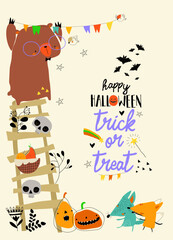 Fototapeta premium Cute Cartoon Frame With Happy Animals Celebrating Halloween