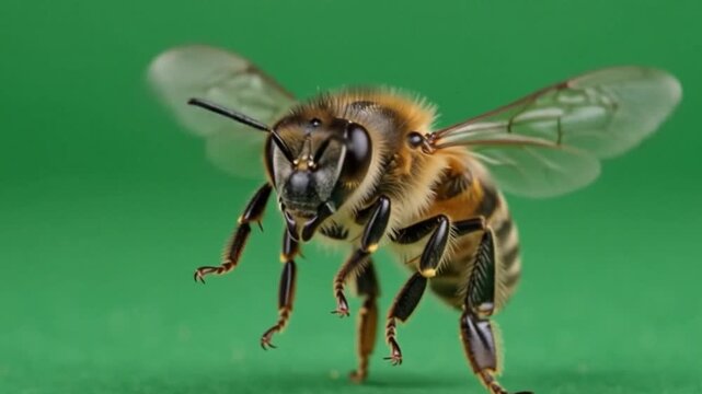 Realistic Honey Bee Flying and Hovering on Green Screen Background &ndash; Isolated Chroma Key Insect Animation 4K