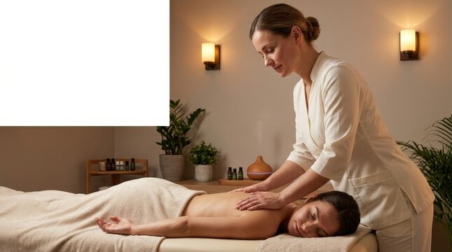 Massage therapist providing a relaxing back massage in a wellness spa, therapeutic care, stress relief, healthy lifestyle, relaxation.