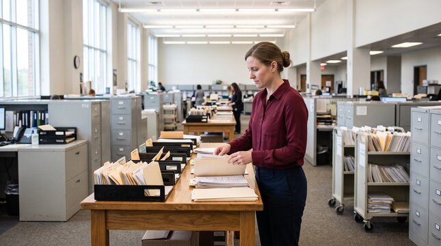 Person organizing documents in an administrative center with modern workspace organization and document management professional office concept.